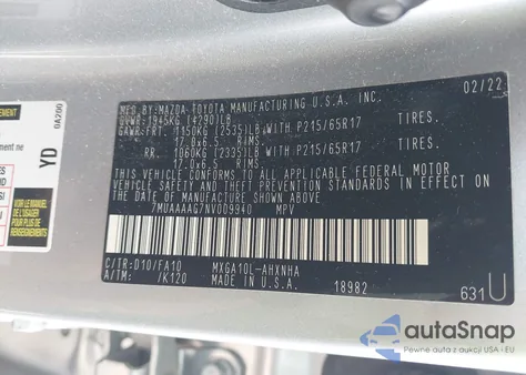 2022 Toyota Corolla Cross L из США, поврежденный, VIN 7MUAAAAG7NV009940